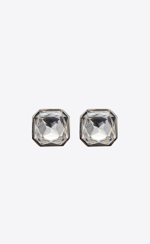SAINT LAURENT Earrings Woman Square SMOKING earrings in silver-tone metal with white crystals a_V4